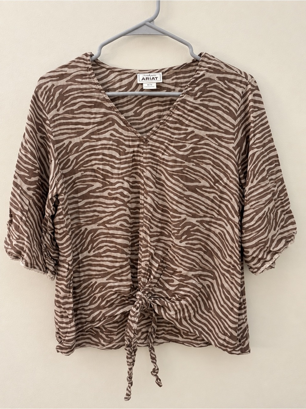 Ariat Taupe and Cream Zebra-Print Tie-Front Blouse
